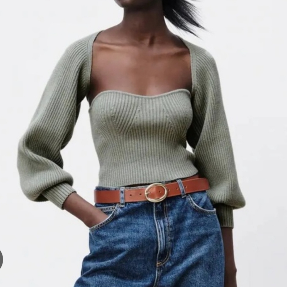 ZARA sage green bolero knit sweater cardigan